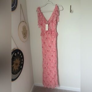 Viral Loveshackfancy Cherry Pink Bow Ruffle Rose Orcene Maxi Dress